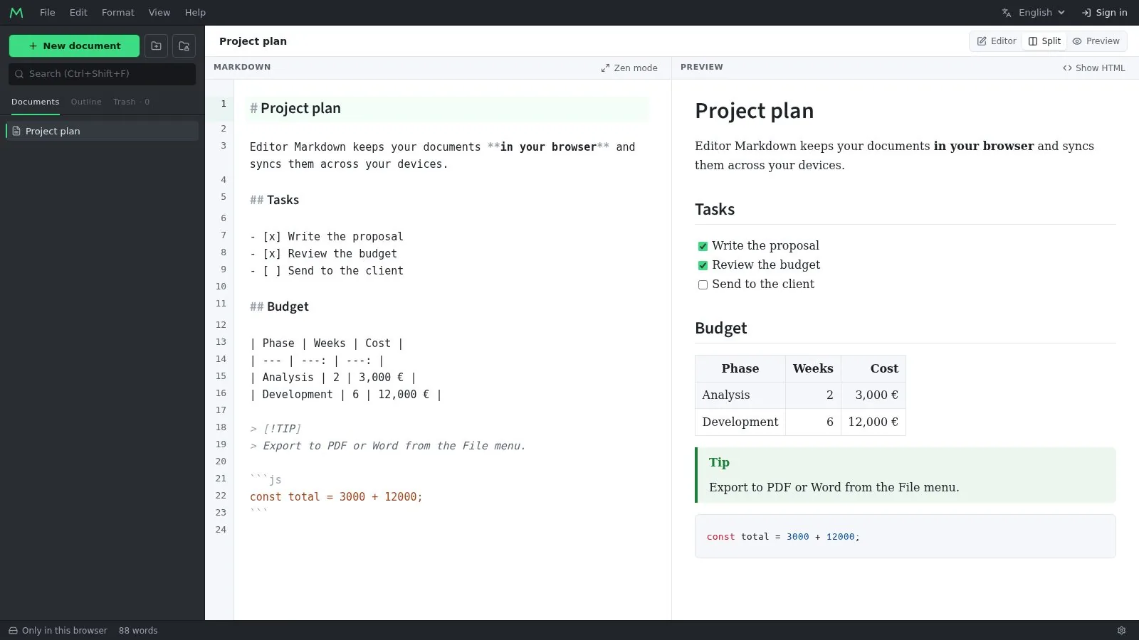 Editor Markdown, editor and preview side by side