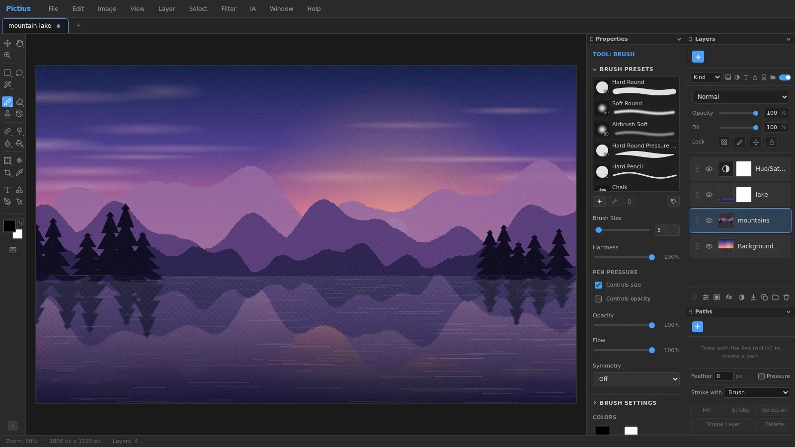 Pictius, the editor with a landscape open, brush presets and the Layers panel