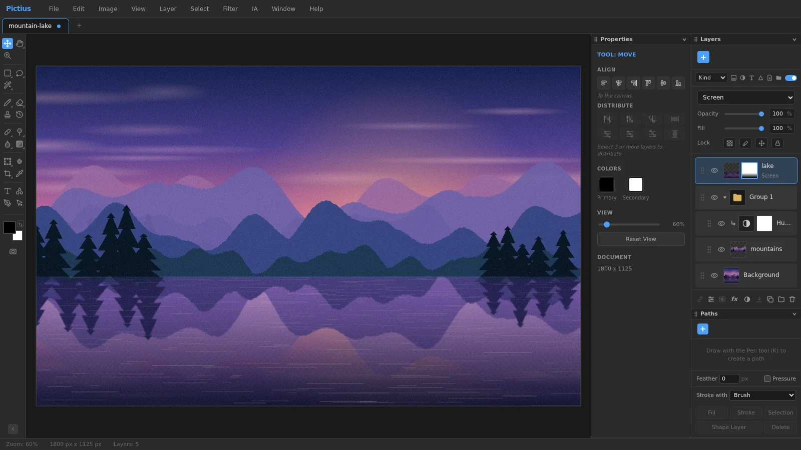 The Layers panel with groups, an adjustment layer and blend modes