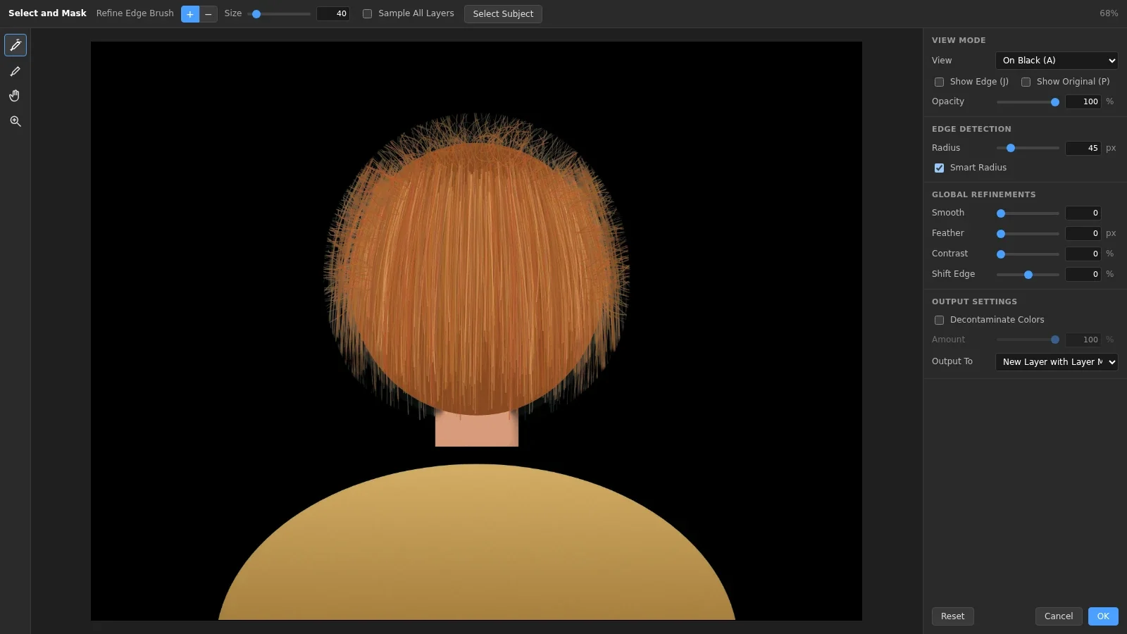 Select and Mask refining hair against a black background